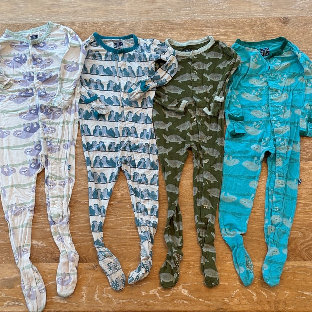 Kickee Pants Kids Pajamas Footies - Blue, Green, Cream